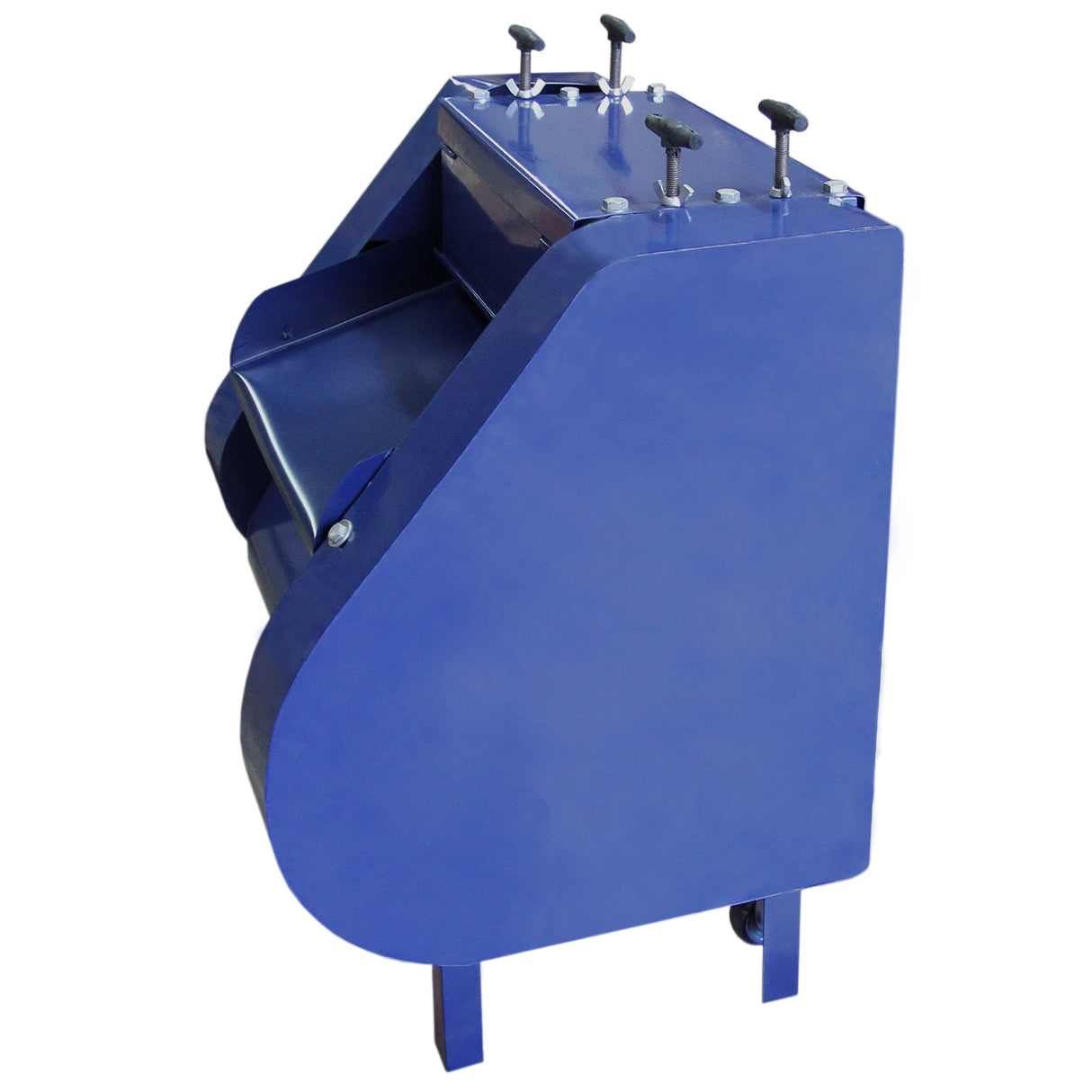 Blauwe automatische kabelstripmachine met een stevige metalen behuizing en vier handgrepen voor eenvoudige bediening en controle