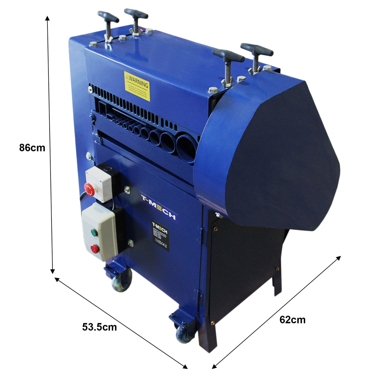 Automatische kabelstripmachine in blauw met metalen behuizing, handgrepen en duidelijke afmetingen voor efficiënt gebruik