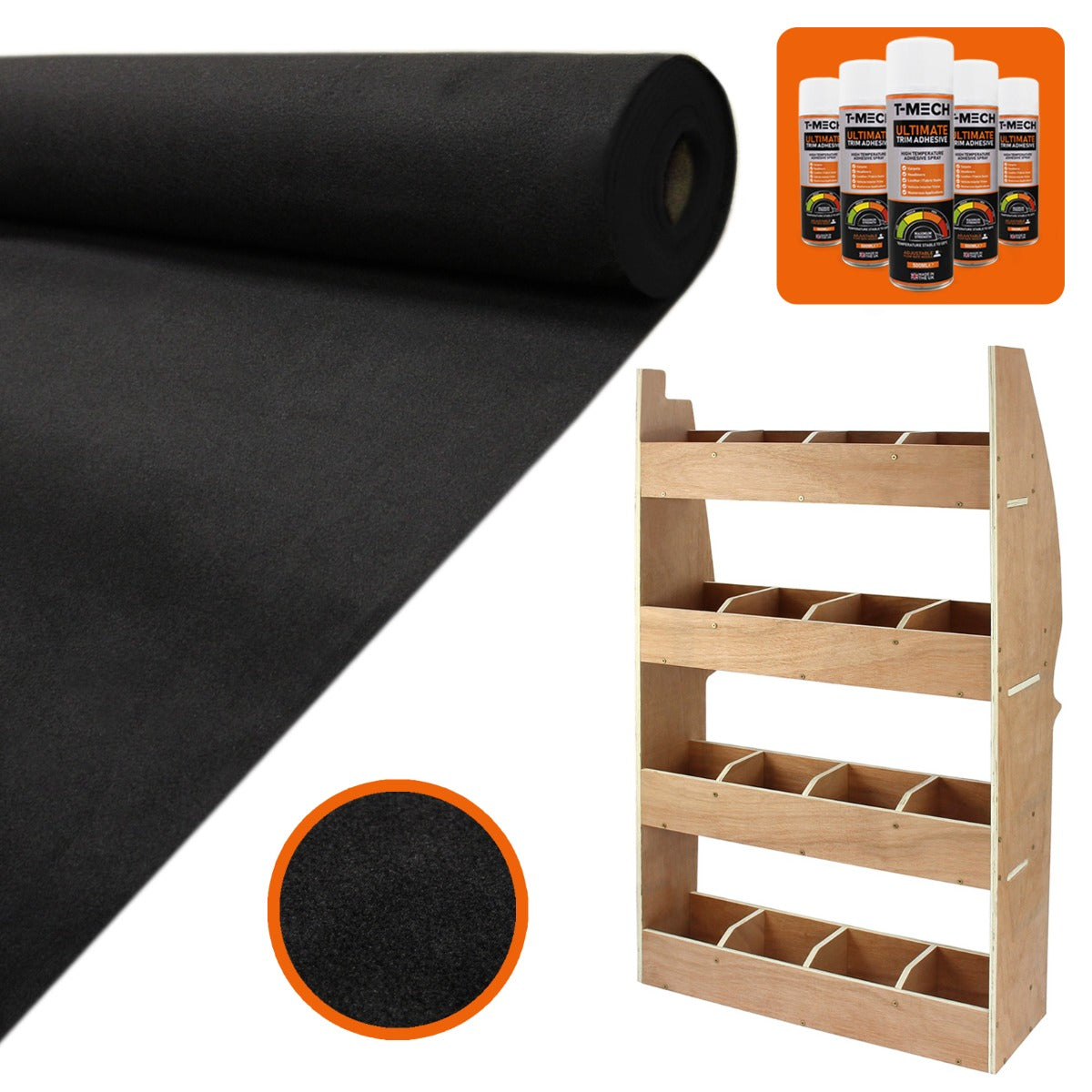 Zwarte bestelwagenbekleding van 11m² met een zachte, duurzame textuur en een houten rek voor Citroen Berlingo accessoires