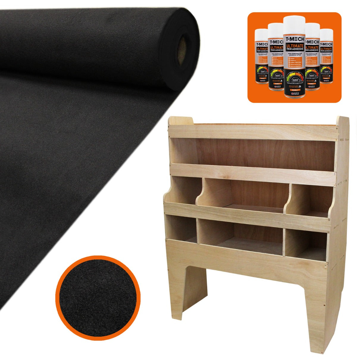 Zwarte bestelwagenbekleding van 11m² met een zachte, matte textuur en een houten rek met meerdere opbergvakken in een lichte kleur