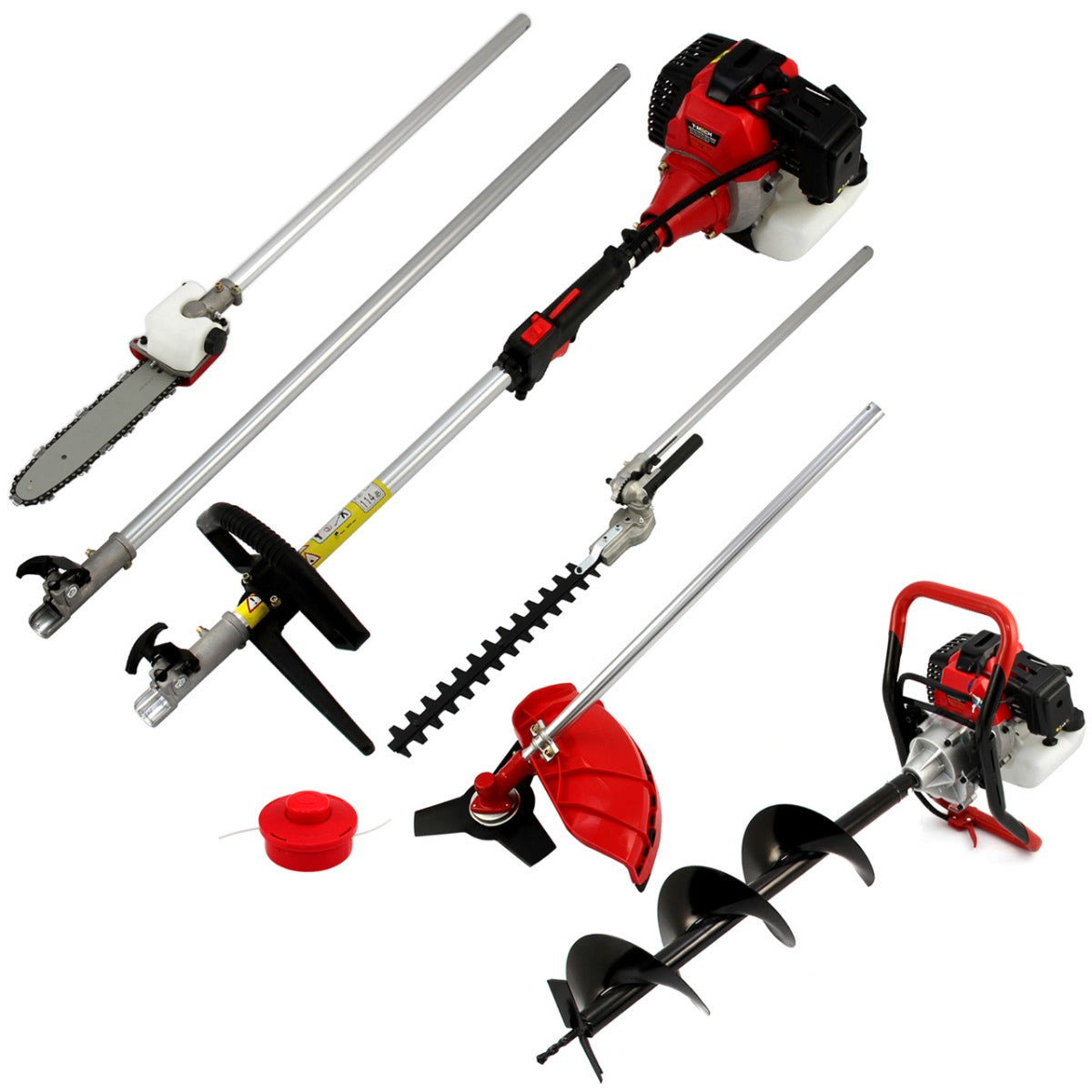Vijf-in-één multitool en grondboor met een krachtige motor, metalen zaagblad, snijmes, en verschillende accessoires in rood en zwart