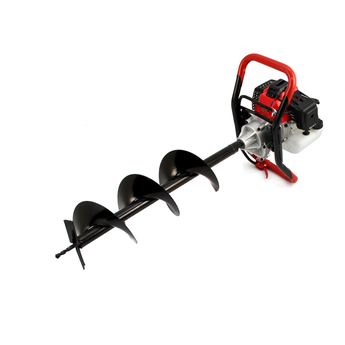 Zwarte 5-in-1 multitool met grondboor, stevige metalen schroefbladen en een rode handgreep voor optimale grip en controle