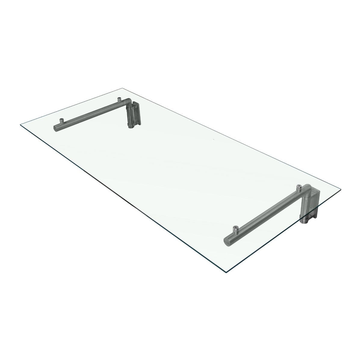 Transparante glazen luifel van 144 cm breed en 80 cm diep, met stevige metalen bevestigingen aan de zijkanten voor extra stabiliteit