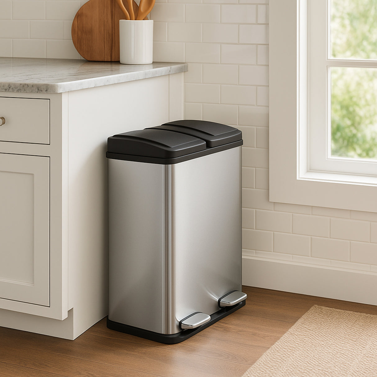 Dubbele pedaalemmer van 60 L in zilver met zwarte deksels, geplaatst naast een keukenblok op een houten vloer, met een moderne uitstraling