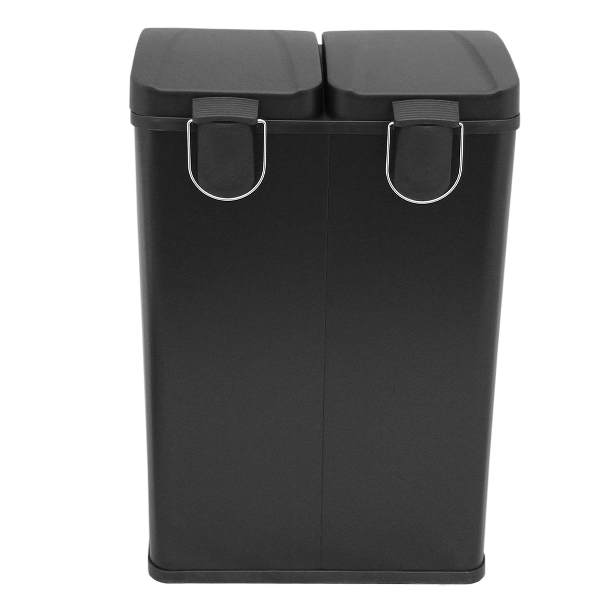 Dubbele pedaalemmer van 60 liter in zwart, met twee aparte compartimenten en metalen handgrepen voor eenvoudig openen en sluiten