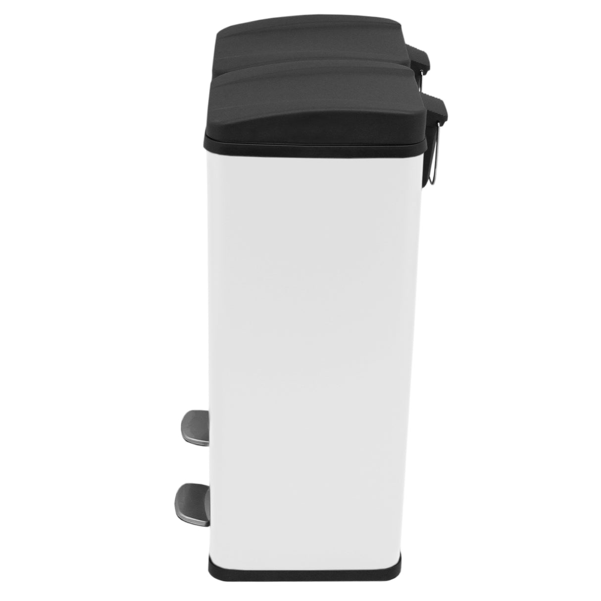 Dubbele pedaalemmer van 60 L in wit met zwarte deksels, voorzien van twee voetpedalen voor gemakkelijke opening en gebruik