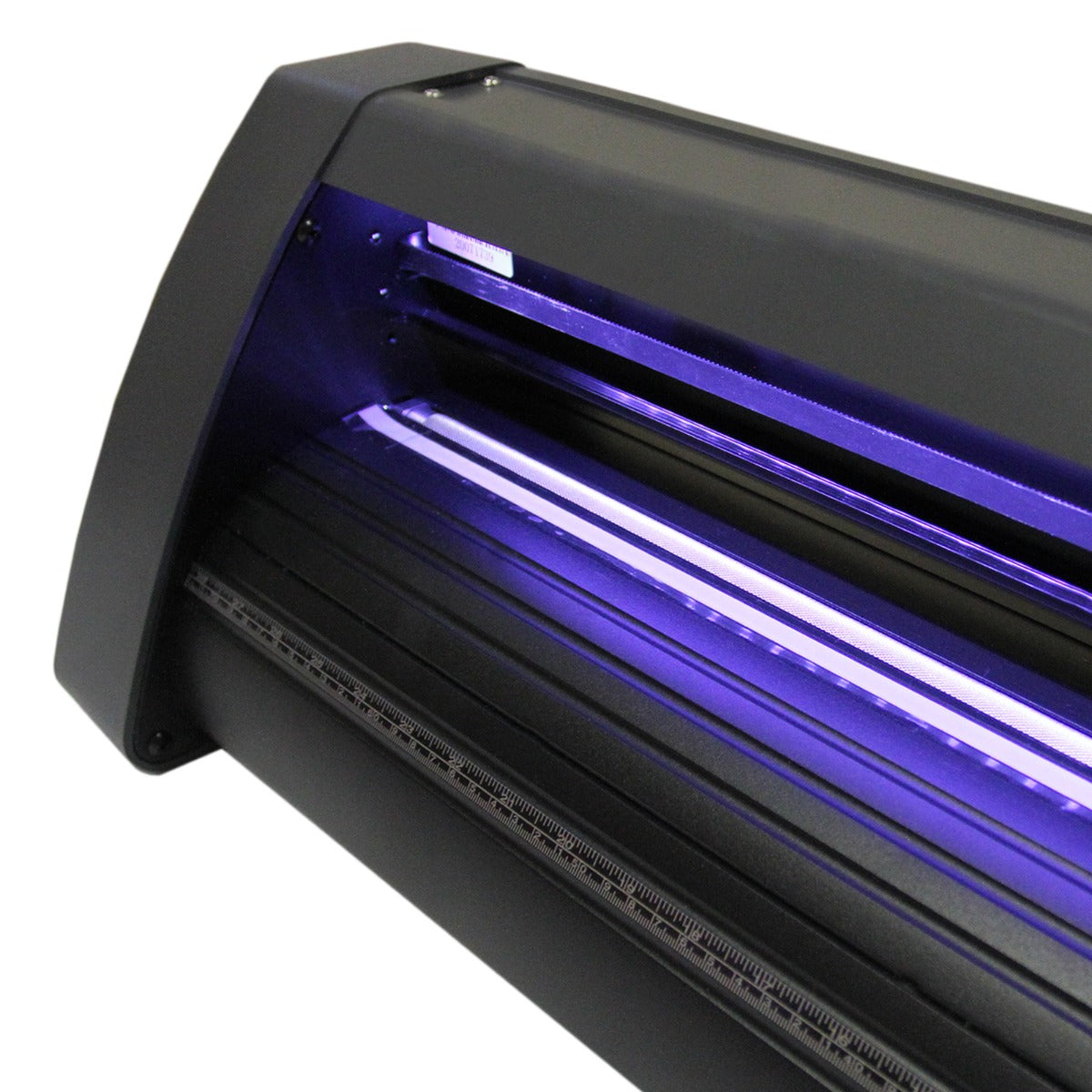 Zwarte 720 vinylsnijder met onderstel, LED-gids en glanzende snijrol, ideaal voor nauwkeurige vinylsnijprojecten