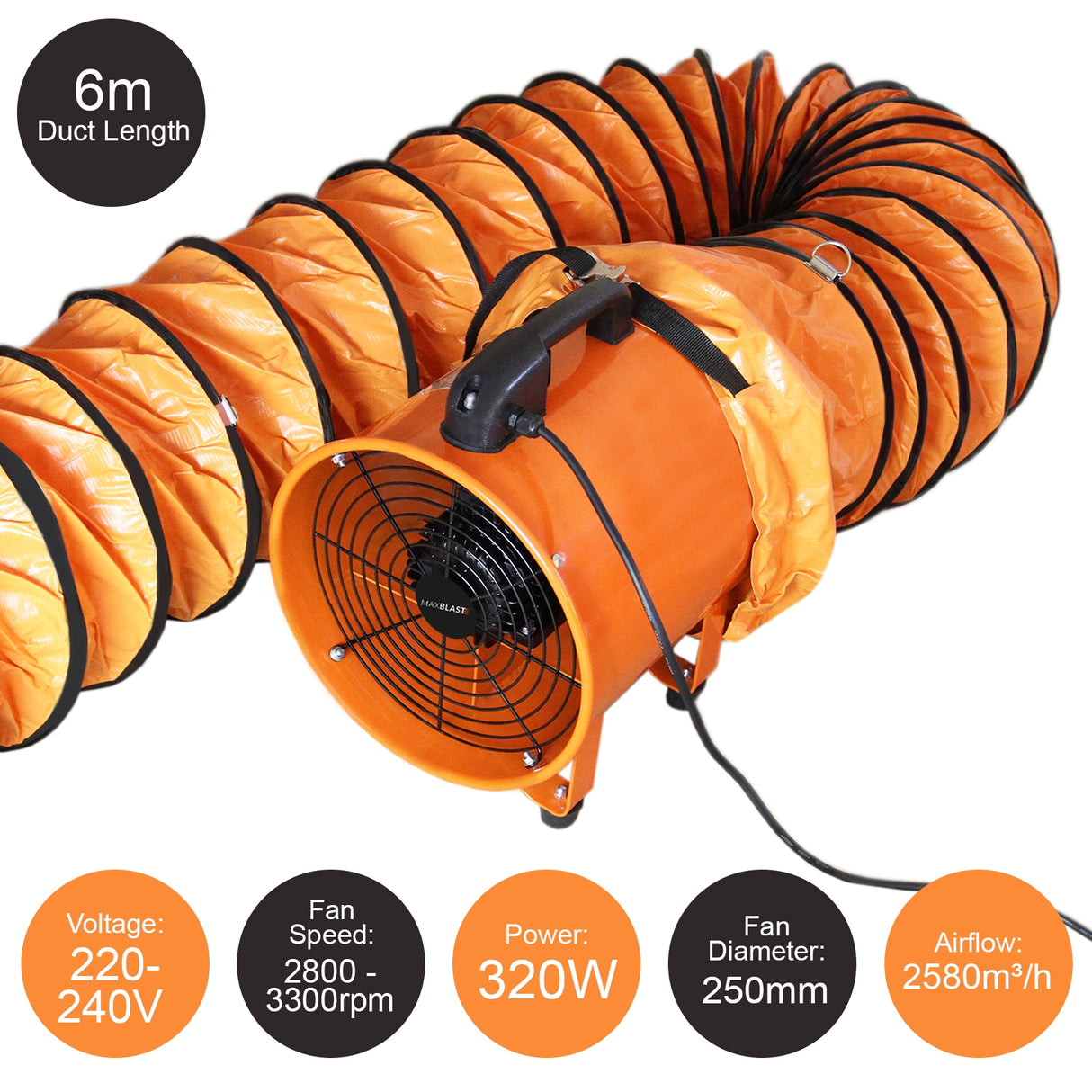 MAXBLAST Professionele Ventilator 320 W 250 Ø + 6 m slang