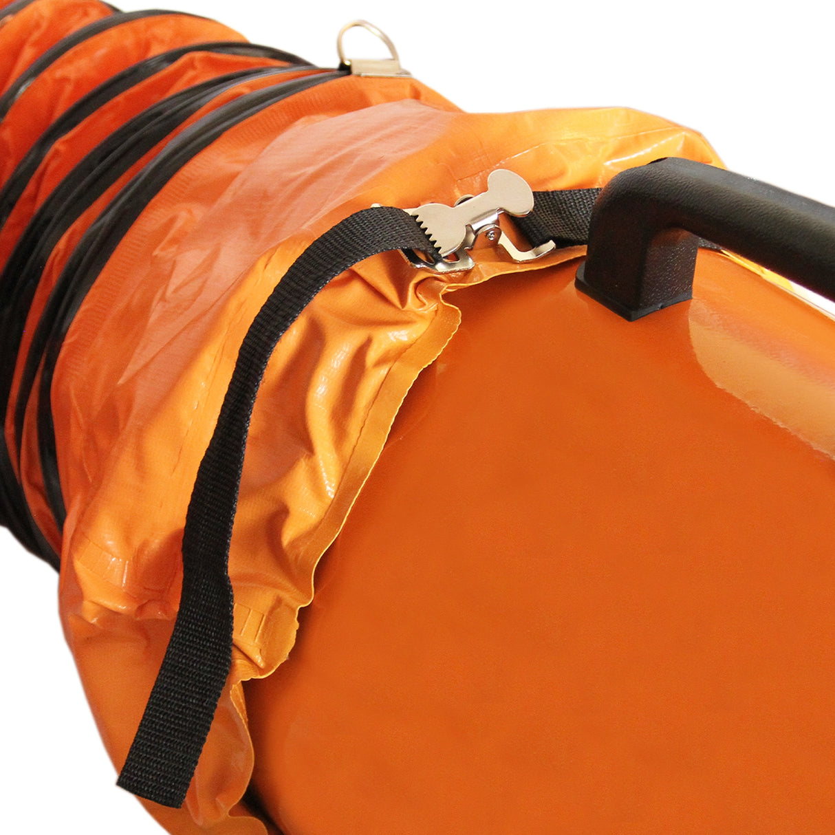 Professionele MAXBLAST ventilator met een heldere oranje slang van 12 m, stevige handgreep en duurzame, flexibele materialen