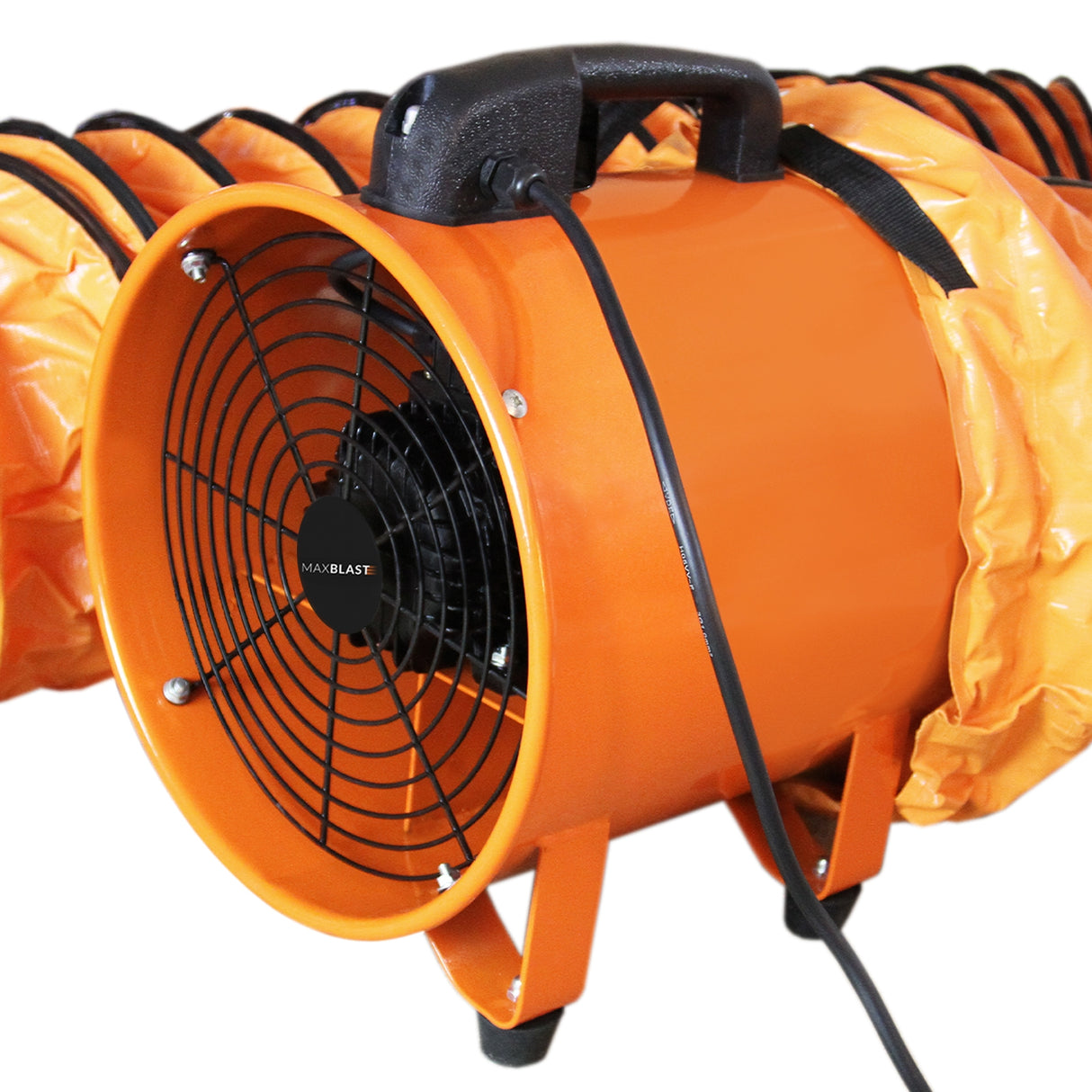 Professionele MAXBLAST ventilator in helder oranje met zwarte grill, 550W, inclusief 12 meter flexibele slang voor optimale luchtcirculatie
