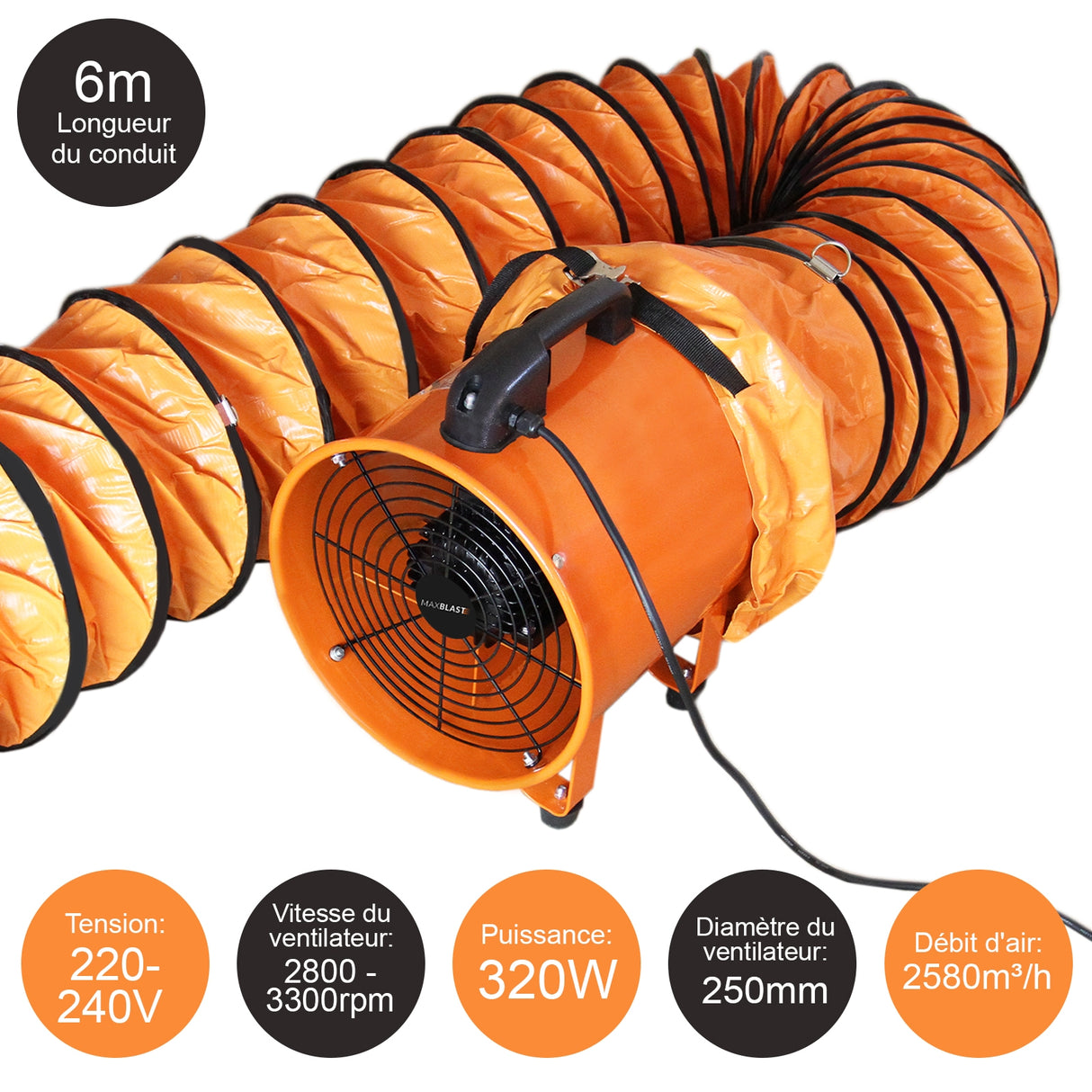 MAXBLAST Professionele Ventilator 320 W 250 Ø + 6 m slang