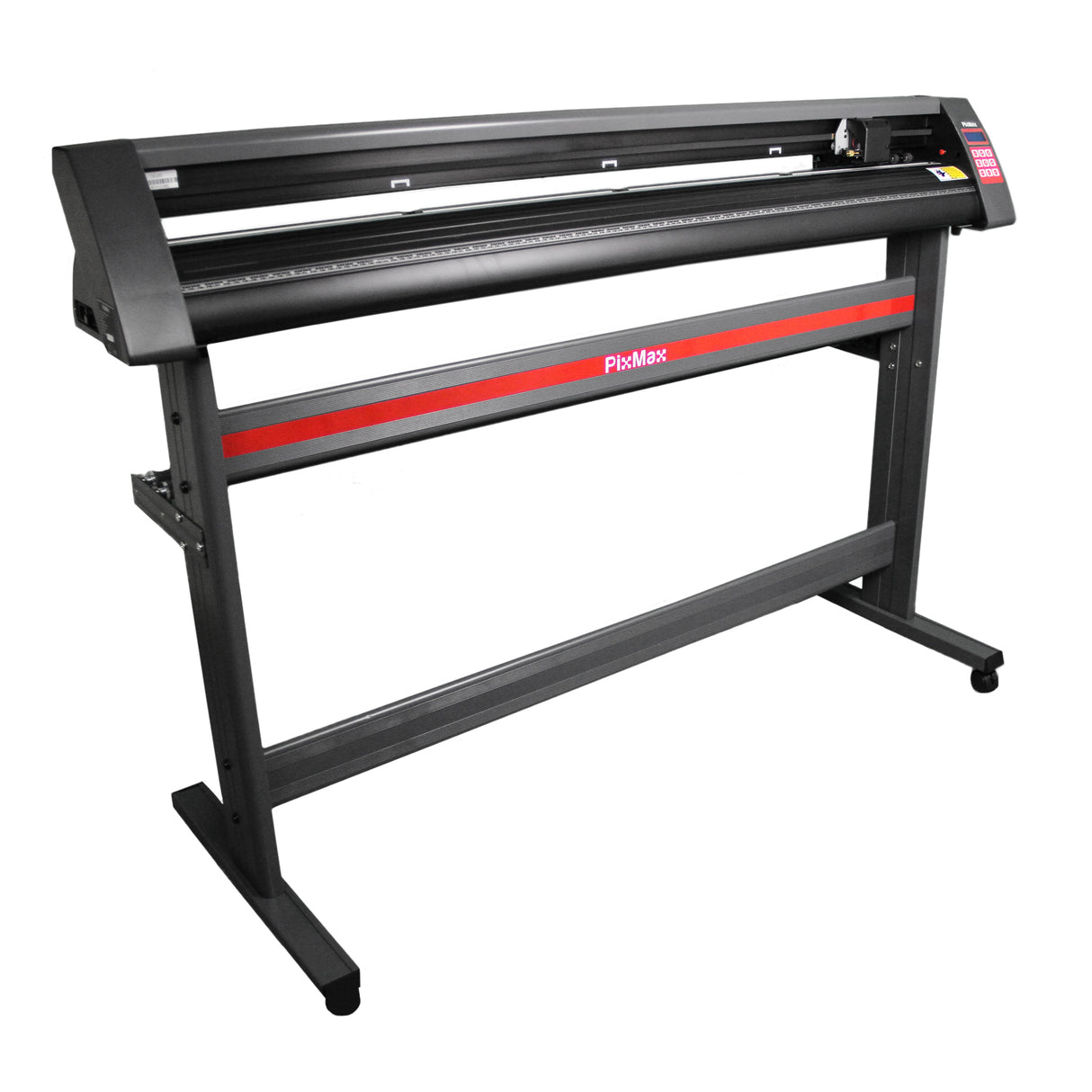Zwarte vinylsnijder met LED-verlichting, 1350 mm breed, stevige metalen constructie en rode accentlijn voor precisiewerk
