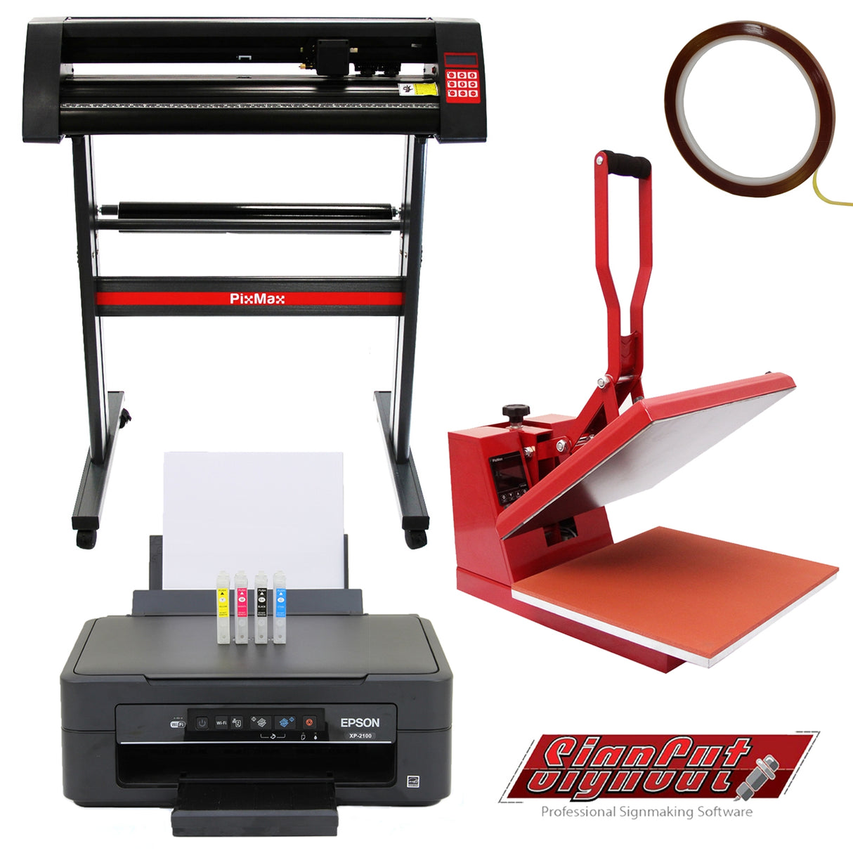 38 cm clam pers in rood, 720 mm vinylsnijder met zwart frame, Epson printer met inktpatronen en SignCut software voor professionele signmaking