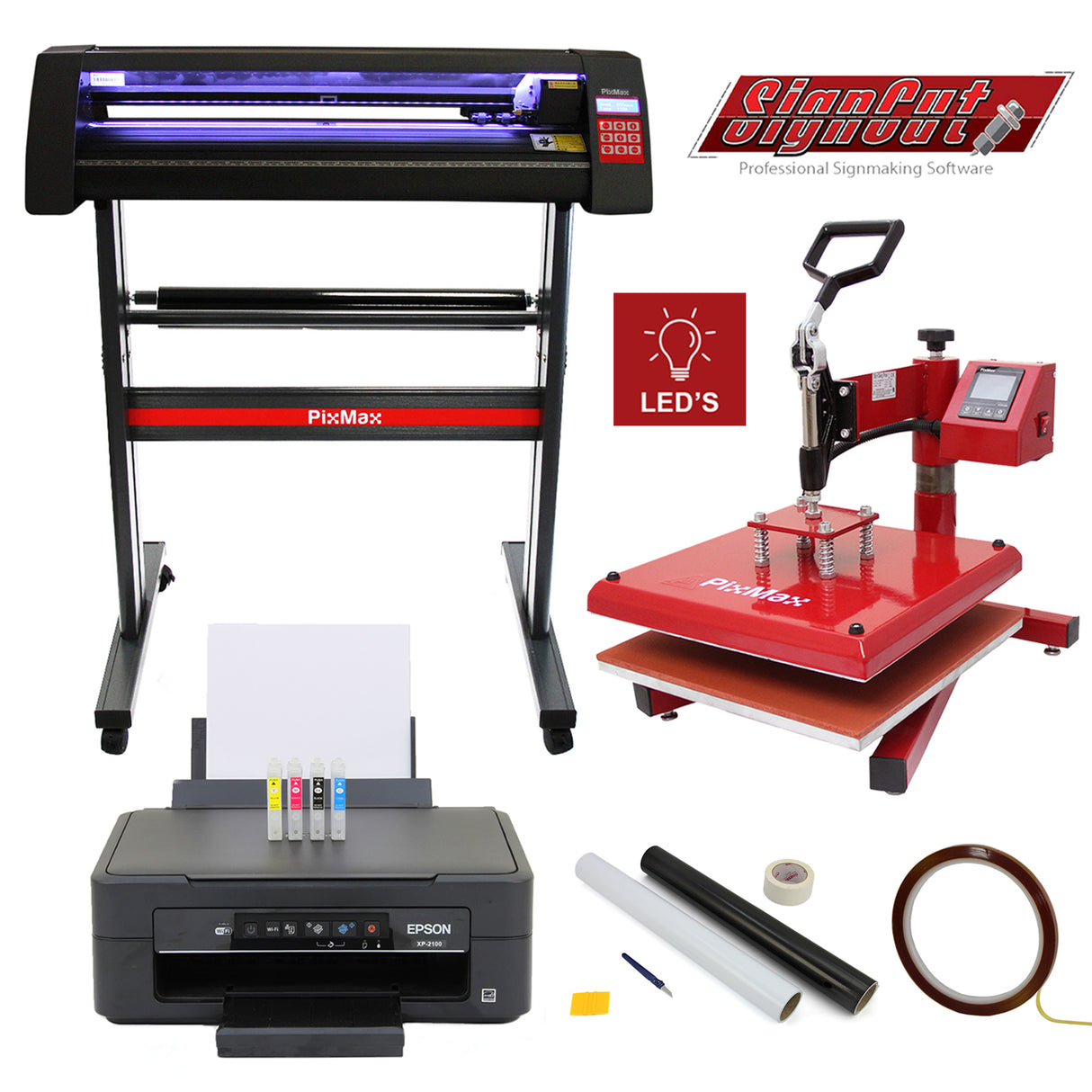 Vinylsnijder met LED-verlichting, budgetprinter, weeding kit en hittetape, allemaal in een professionele opstelling met diverse kleuren en materialen