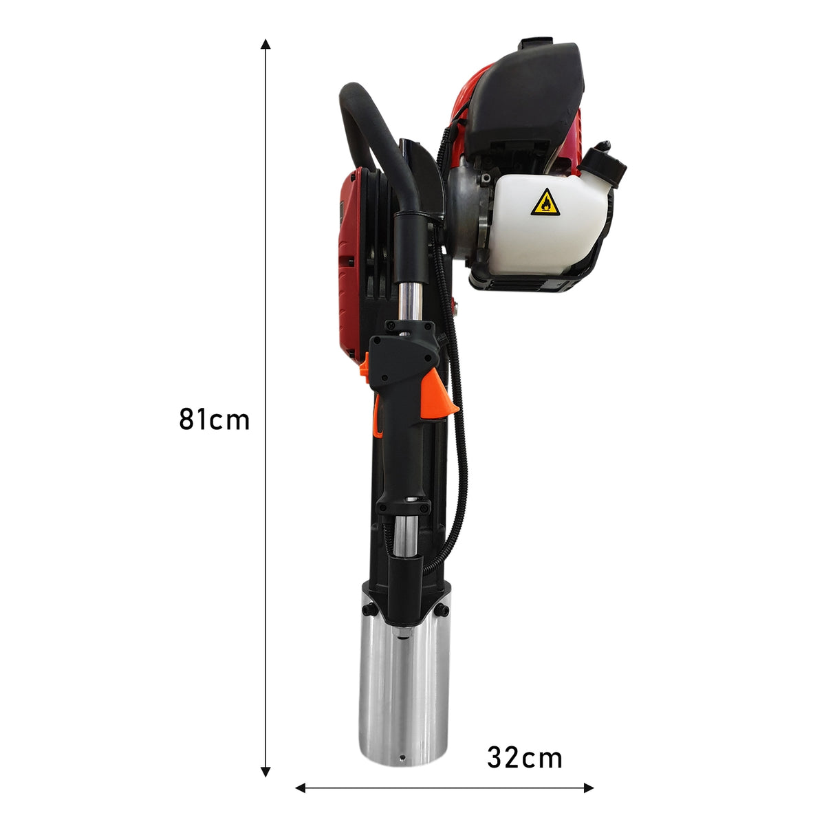 Rode 4-takt paalrammer met metalen voet en krachtige motor, ideaal voor het boren van gaten in de grond, hoogte 81 cm, breedte 32 cm