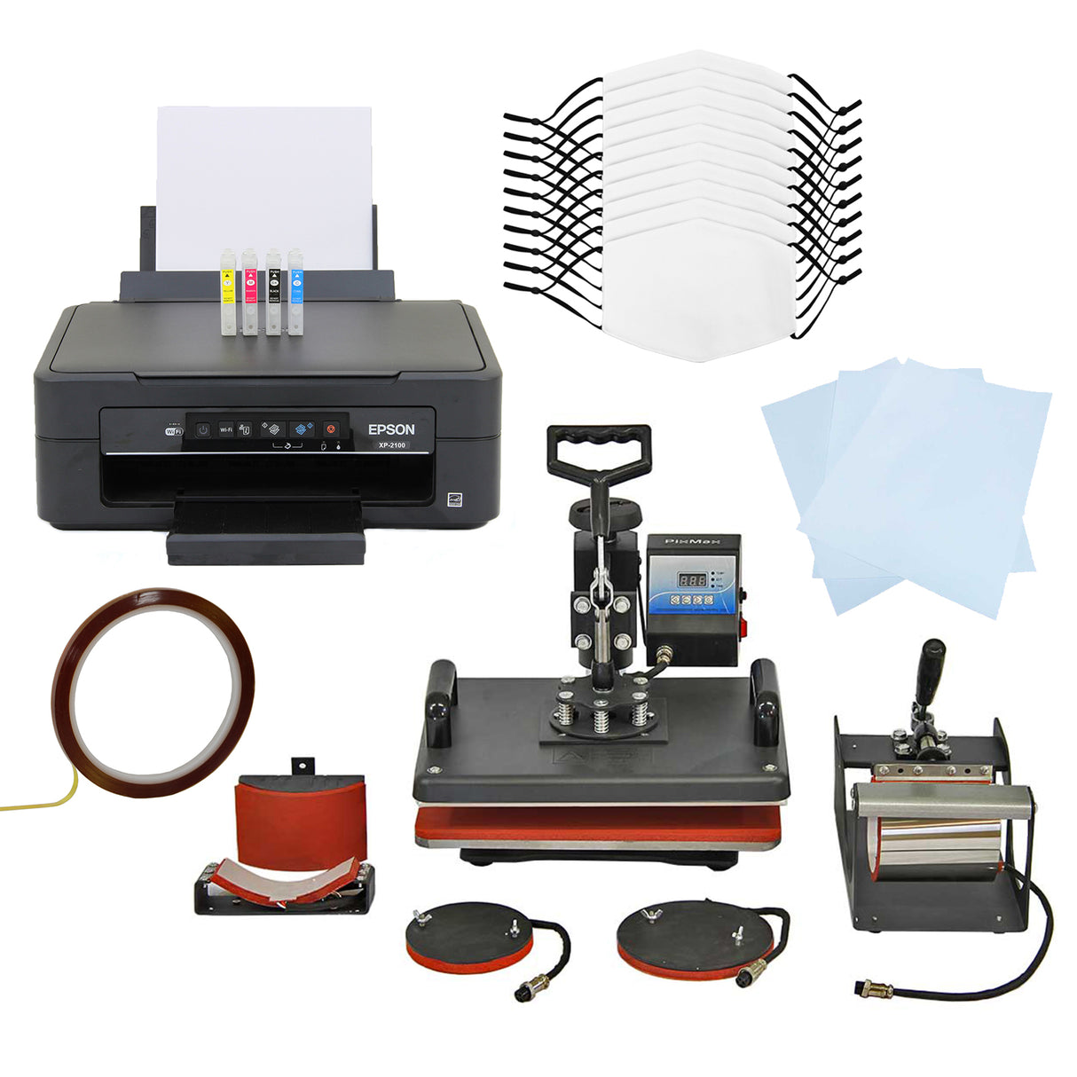 10 Sublimatie Gezichtsmaskers, 5-in-1 Hittepers & Inktank-Printer