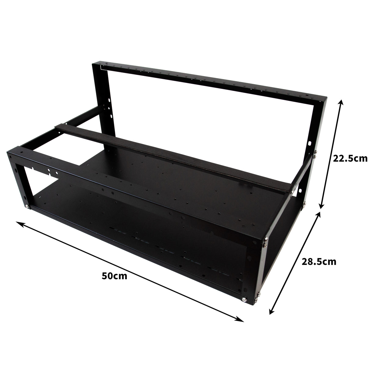 Zwart metalen frame voor 6-8 GPU mining rigs, met een robuuste structuur en afmetingen van 50x28,5x22,5 cm