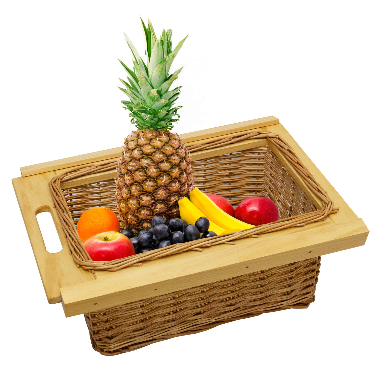 Uittrekbare rieten mand met houten handvat, gevuld met ananas, appels, sinaasappel, bananen en blauwe bessen