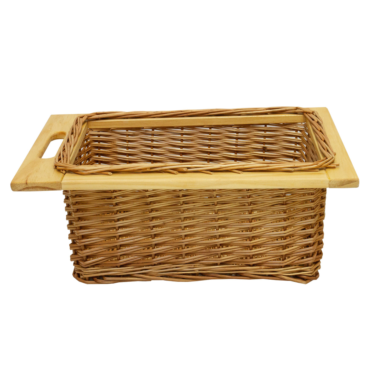Uittrekbare rieten mand met houten handvat, natuurlijk bruin, ideaal voor opbergen en organiseren in huis of kantoor