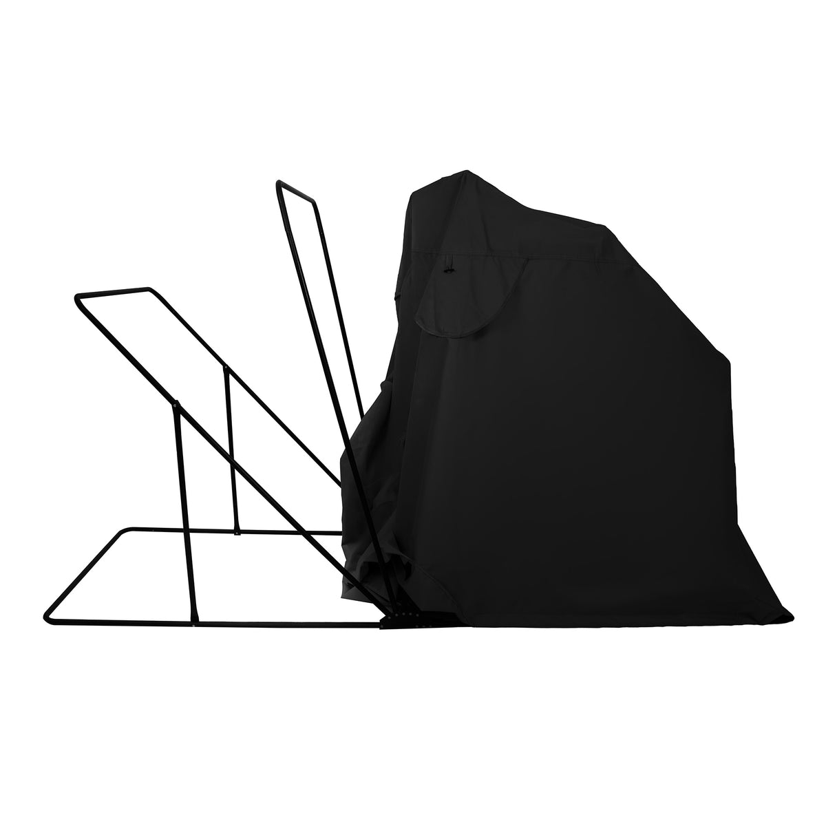 Zwart, waterdicht beschermhoes voor een barbecue, met een stevige metalen frame en een strakke, moderne vormgeving