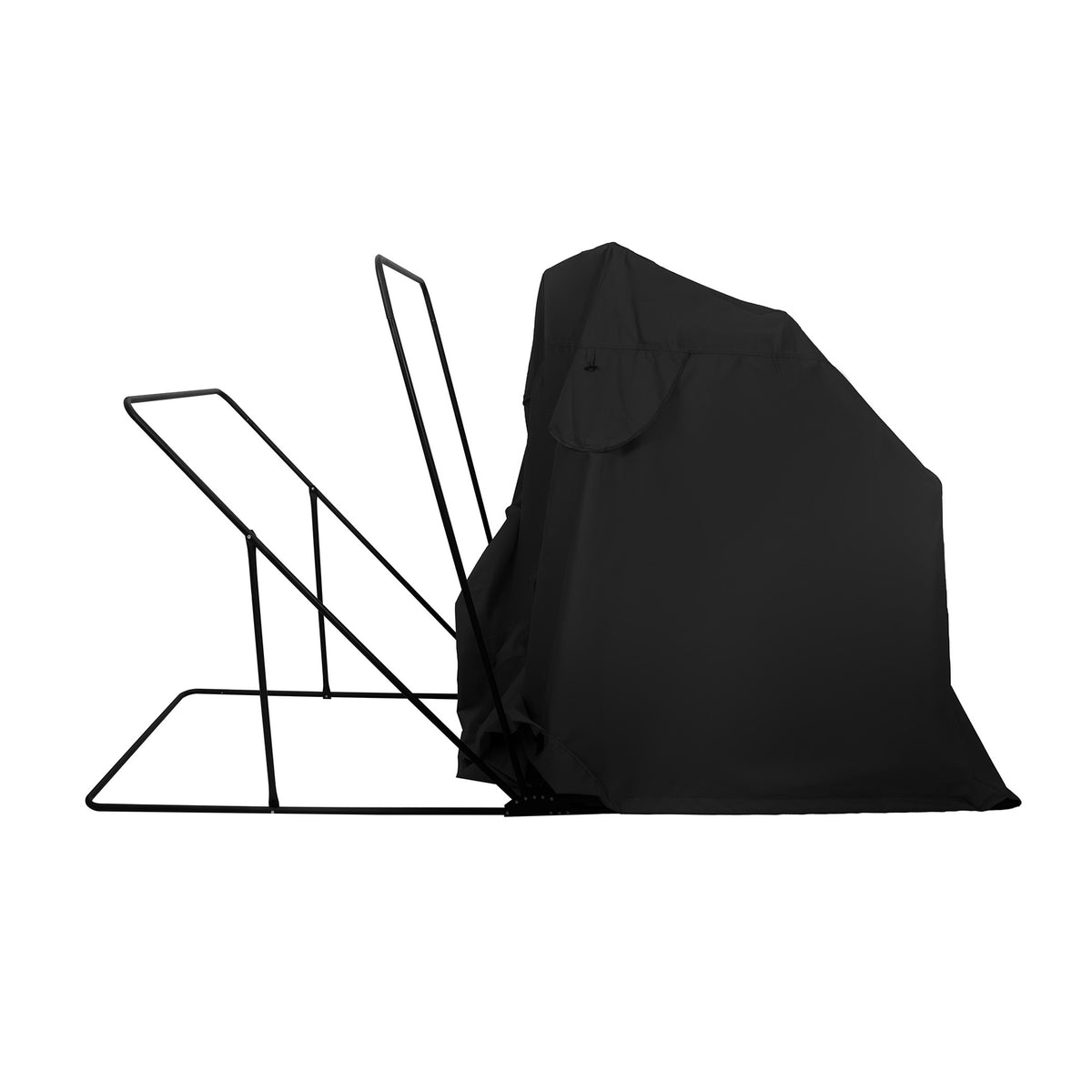 Zwarte beschermhoes voor een tuinmeubel, met een stevige metalen frame en een waterdichte, duurzame stof voor optimale bescherming