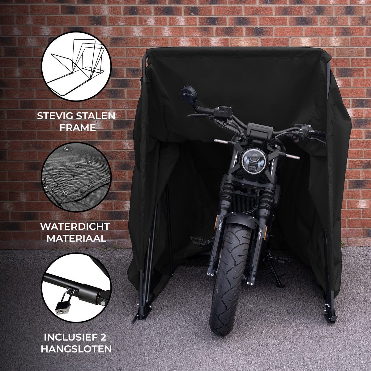 Zwart, waterdichte motorhoes met stevig stalen frame, perfect voor bescherming tegen weersinvloeden, inclusief 2 hangsloten