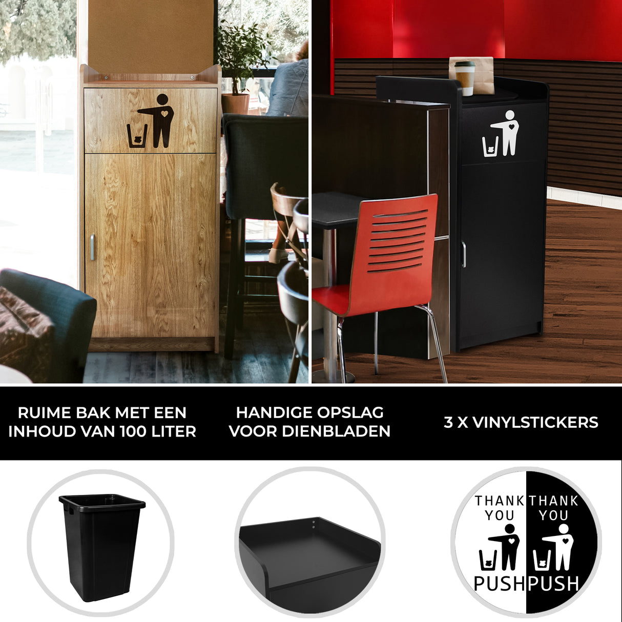 Afvalbak & Dienbladhouder Hout - Zwart - 100 Liter