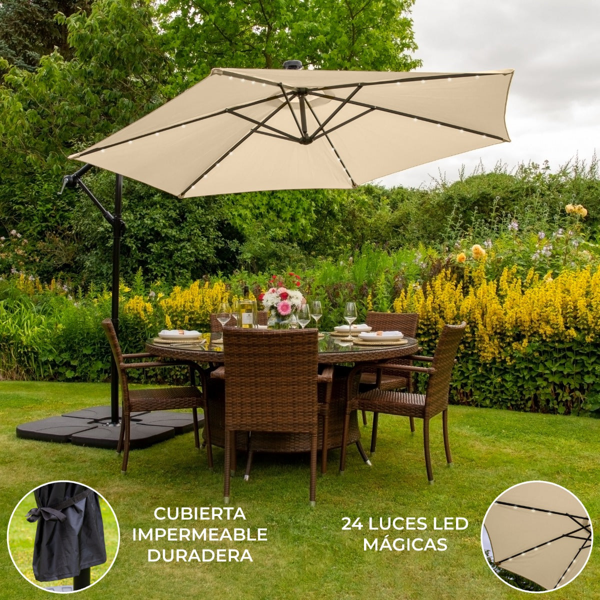 Beige 3m LED Zweefparasol met een eenvoudige voet