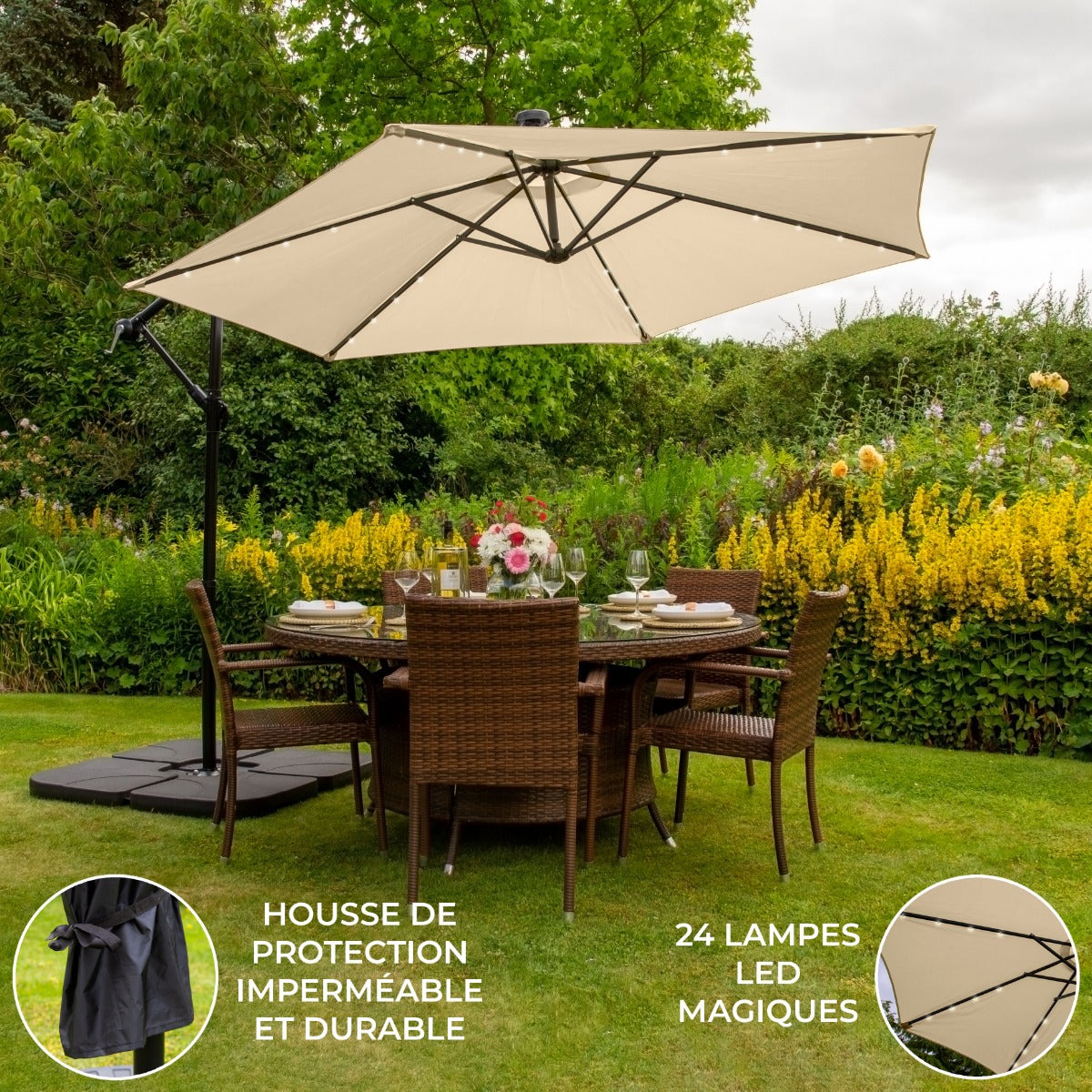 Beige 3m LED Zweefparasol met een eenvoudige voet