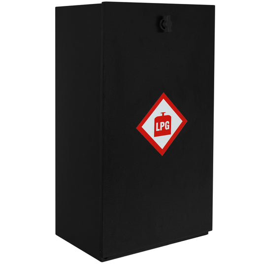 Zwarte LPG-opslagbox met rode veiligheidsmarkering, stevig metaal en een sluitsysteem voor veilige opslag van gasflessen