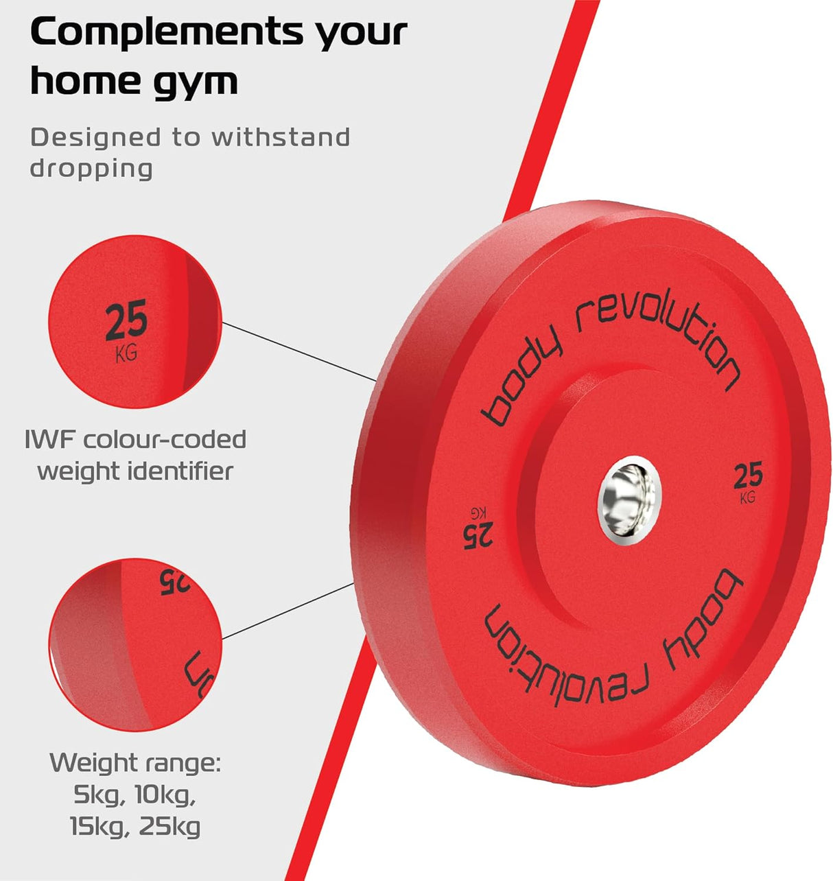 Rode Olympische halterschijf van 25 kg met IWF-kleurcode, ontworpen voor duurzaamheid en geschikt voor thuisgym gebruik