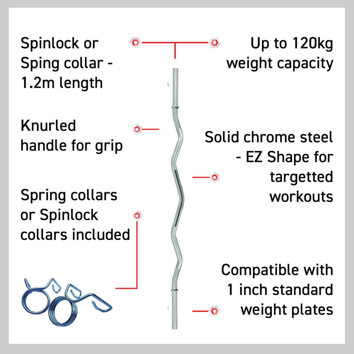 Kronkelige EZ barbell van 1,2 m van massief chroomstaal met knurling voor grip en spinlock sluitingen voor gewichten tot 120 kg