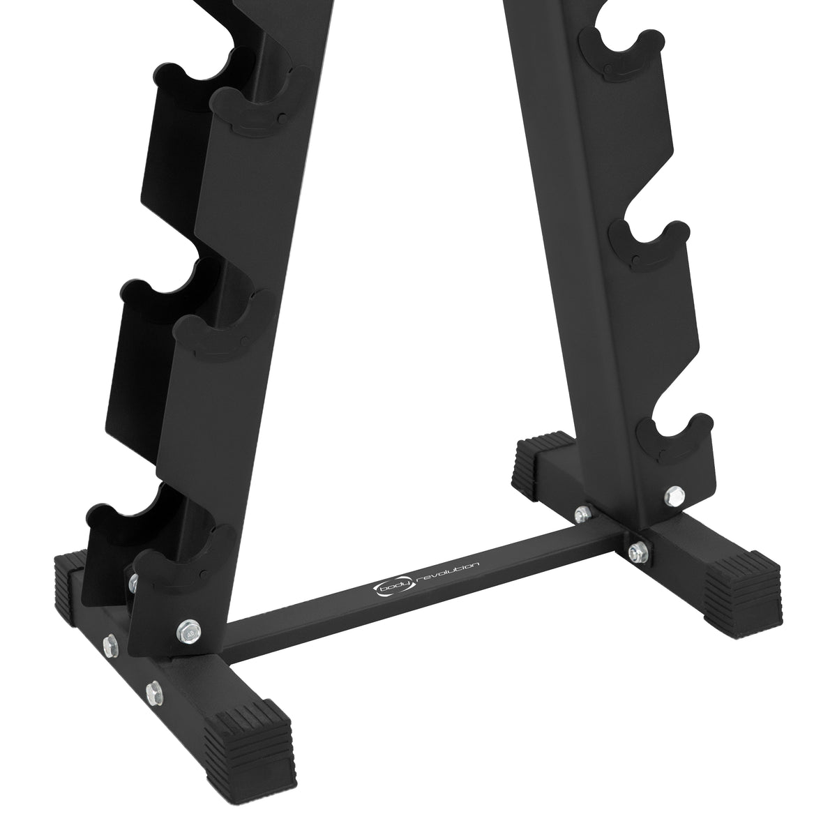 Zwart, stevig dumbbellrek met zes opbergplaatsen, ontworpen voor optimale stabiliteit en ruimtebesparing in de sportschool