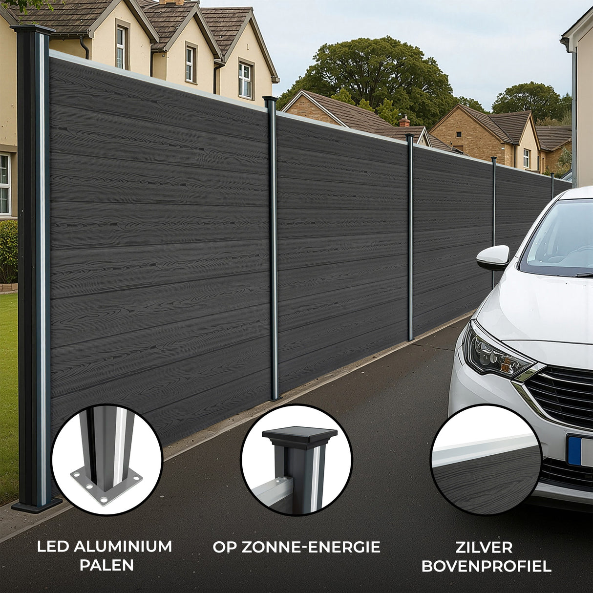 Composiet Schutting Panelen x 5, Schuin Paneel & LED Palen x 6 - Grijs