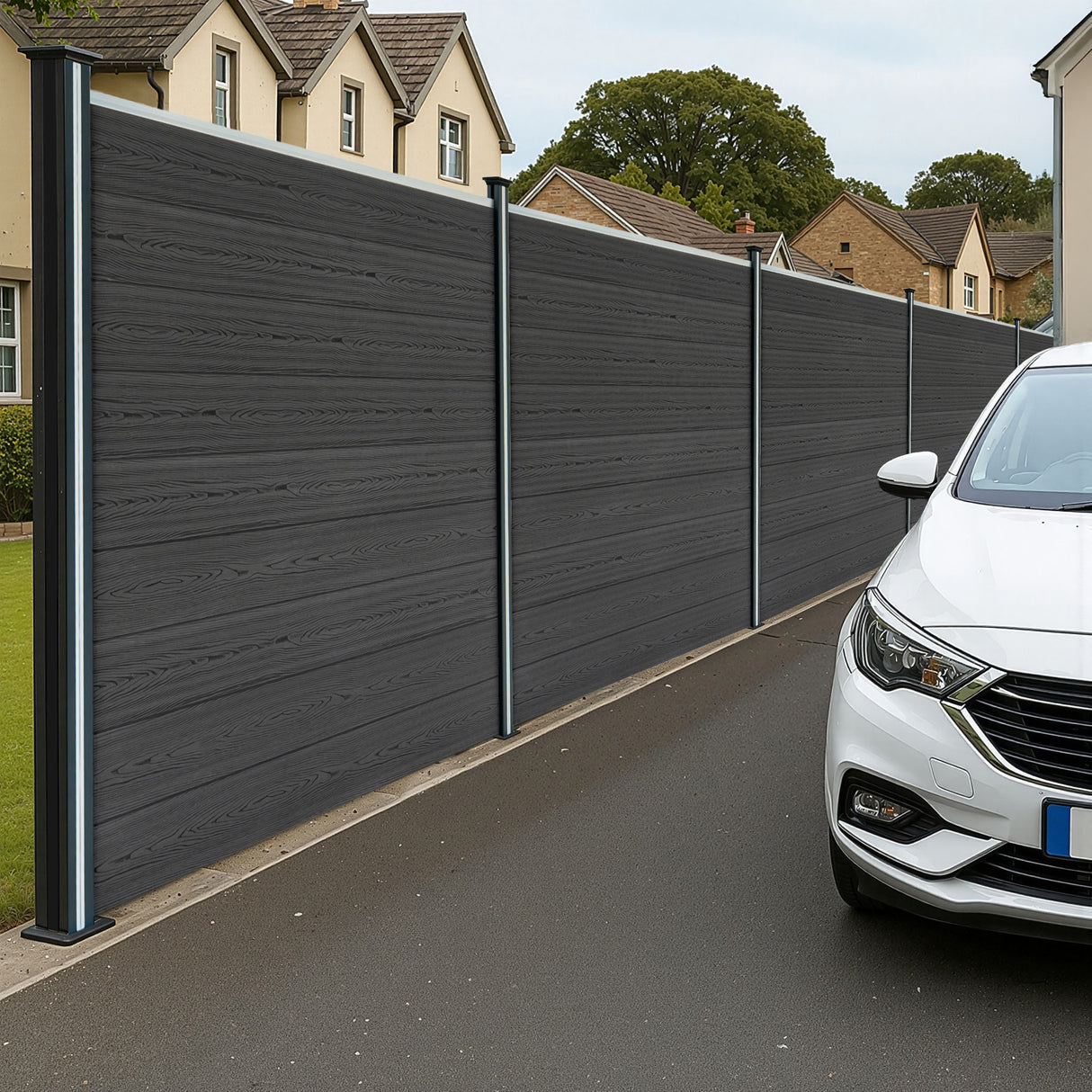 Composiet Schutting Paneel x 7 & LED Palen x 8 - Grijs