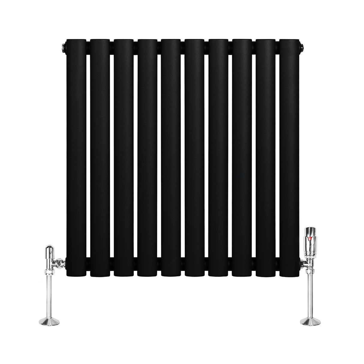 Ovale zwarte designradiator met één kolom, 600 mm x 600 mm, inclusief haakse thermostaatkraan en glanzende metalen voetstukken