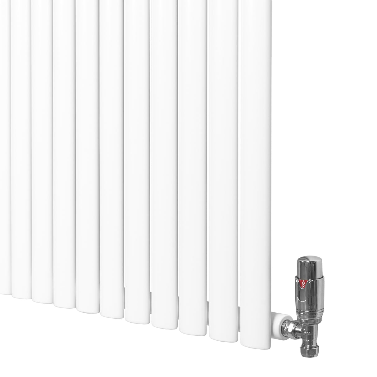 Ovale witte designradiator met één kolom, 600 mm x 600 mm, inclusief haakse thermostaatkraan voor moderne interieurs