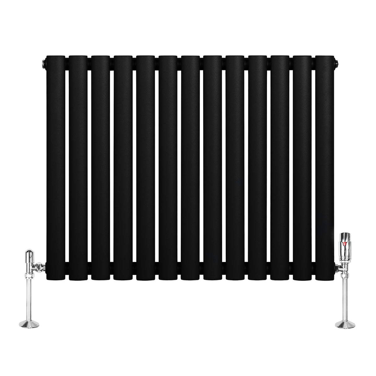 Ovale zwarte designradiator met één kolom, 600 mm x 780 mm, inclusief haakse thermostaatkraan en glanzende metalen voetjes