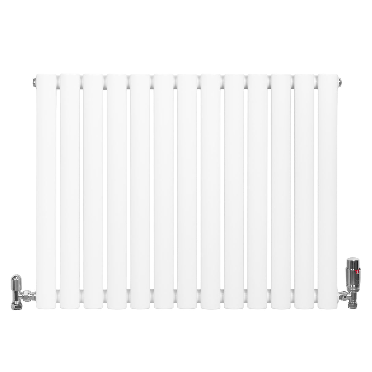 Ovale design radiator in wit met één kolom, afmetingen 600 mm x 780 mm, inclusief haakse thermostaatkraan aan de rechterzijde