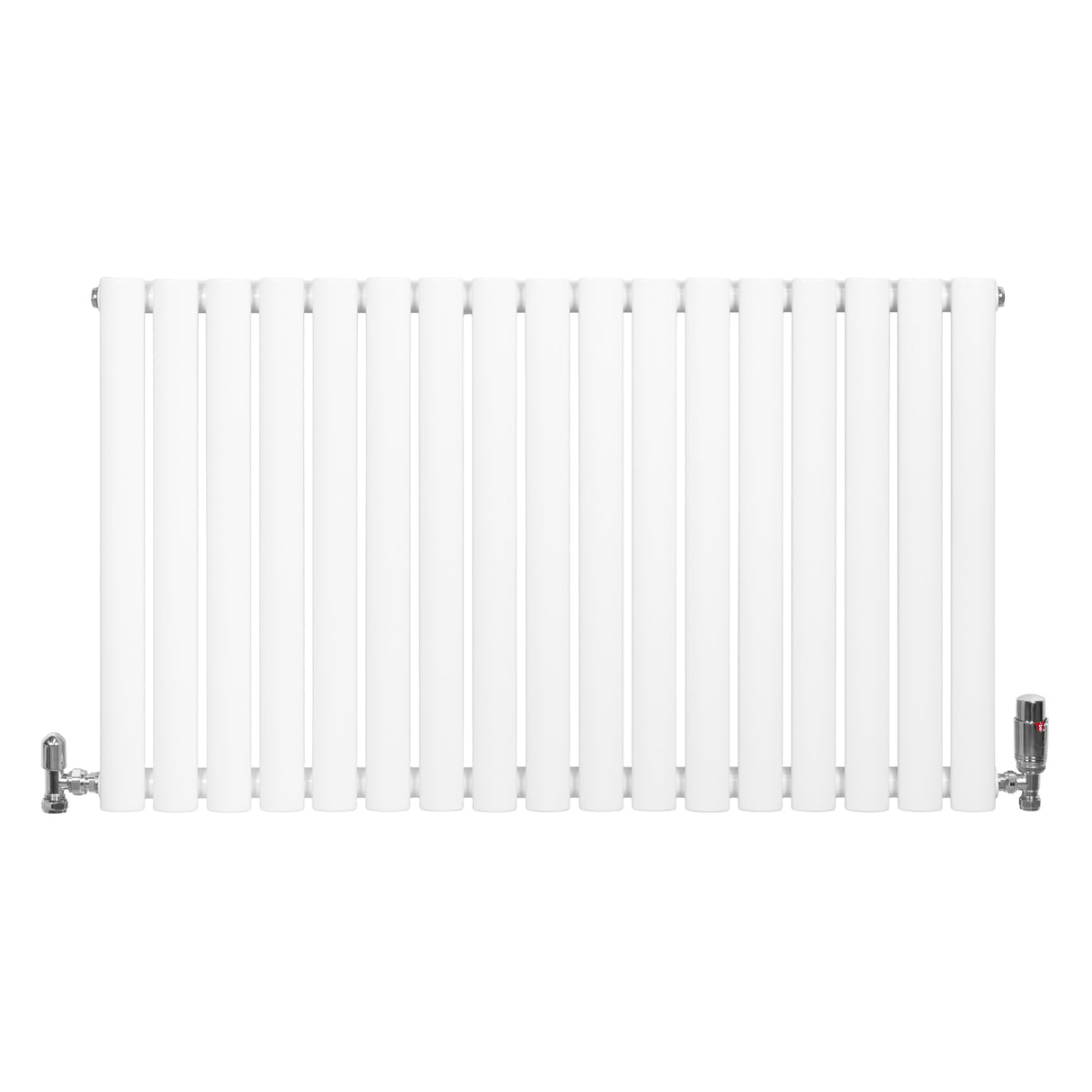 Ovale witte designradiator met één kolom, 600 mm x 1020 mm, inclusief haakse thermostaatkraan aan de rechterzijde