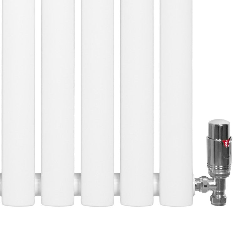 Ovale witte design radiator met één kolom, 600 mm x 1020 mm, inclusief haakse thermostaatkraan en glanzende afwerking