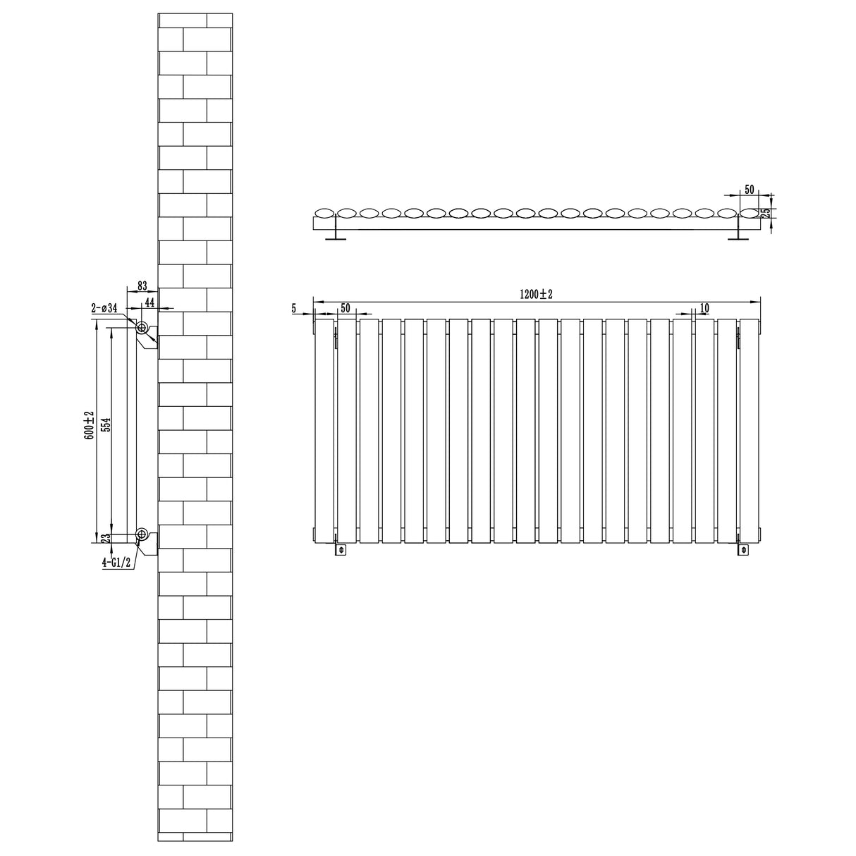 Ovale design radiator in antraciet grijs, 600 mm x 1200 mm, met een haakse thermostaatkraan en een moderne uitstraling