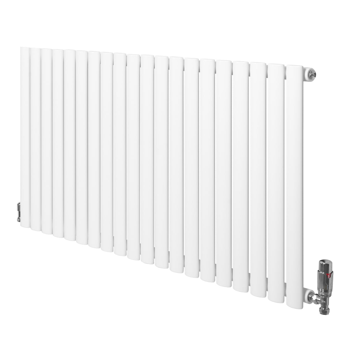 Ovale design radiator in wit, 600 mm x 1200 mm, met een kolom en haakse thermostaatkraan voor moderne ruimtes