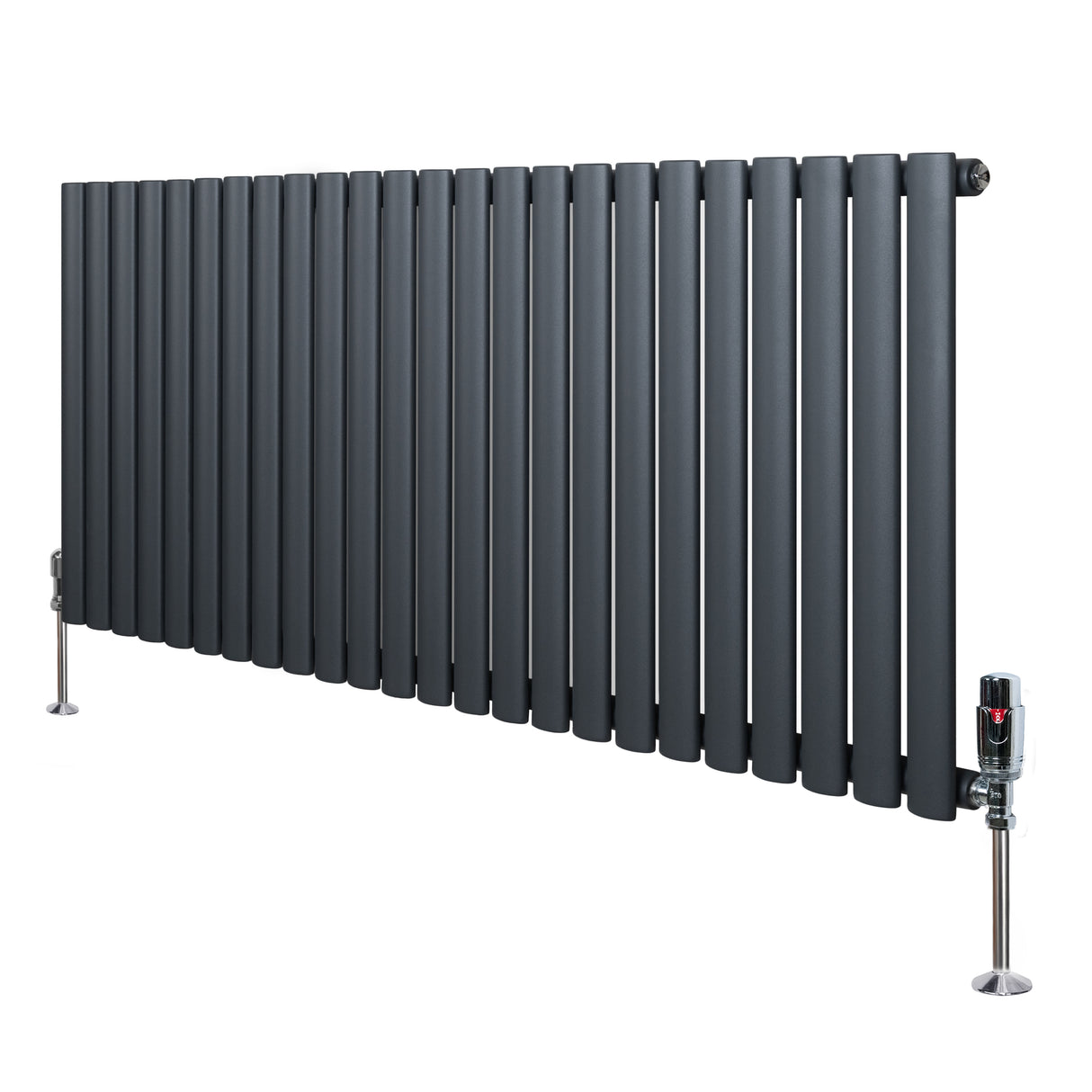 Ovale design radiator in antraciet grijs, 1 kolom, 600 mm x 1440 mm, met haakse thermostaatkraan en moderne, strakke lijnen
