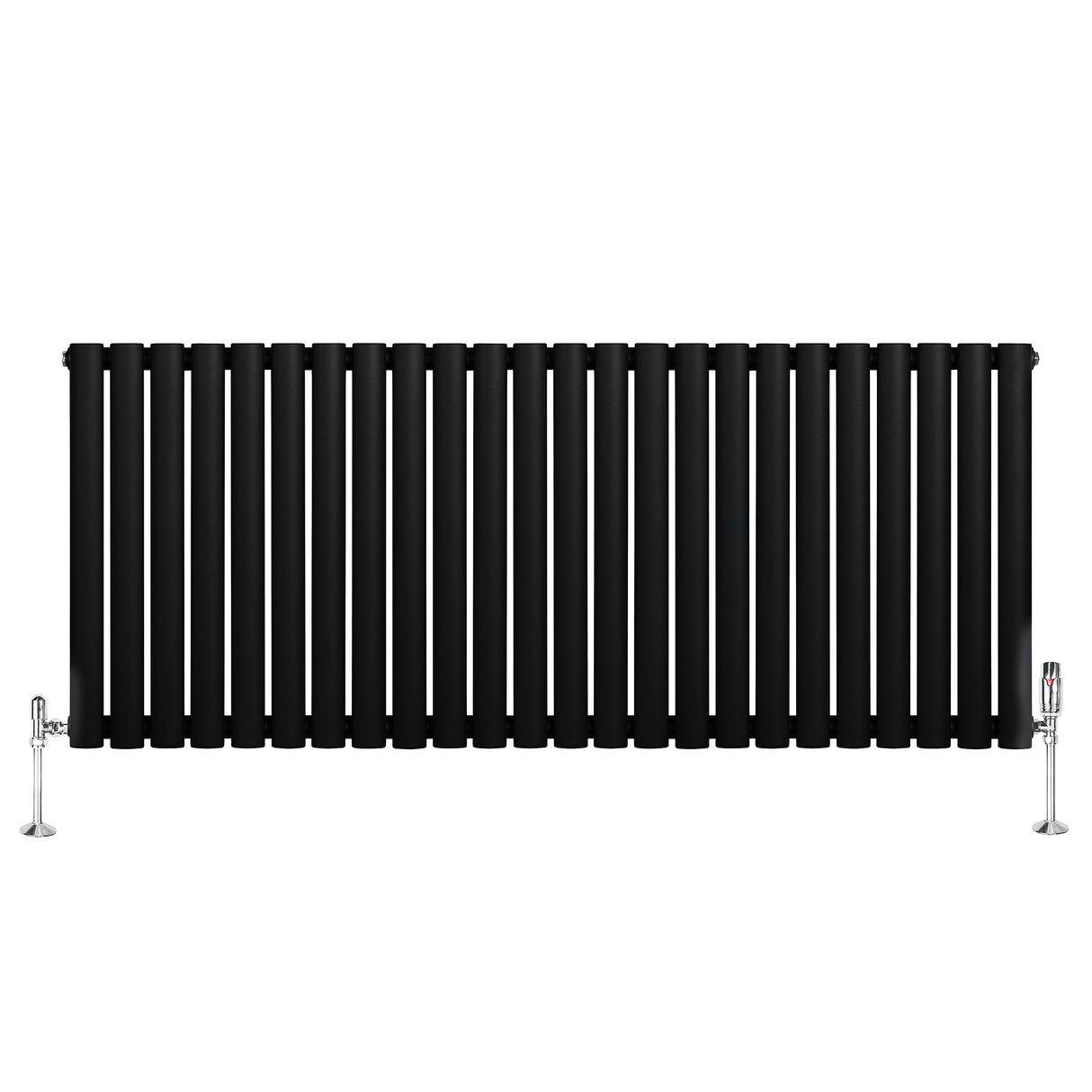 Ovale zwarte design radiator met één kolom, 600 mm x 1440 mm, inclusief haakse thermostaatkraan en glanzende voetsteunen