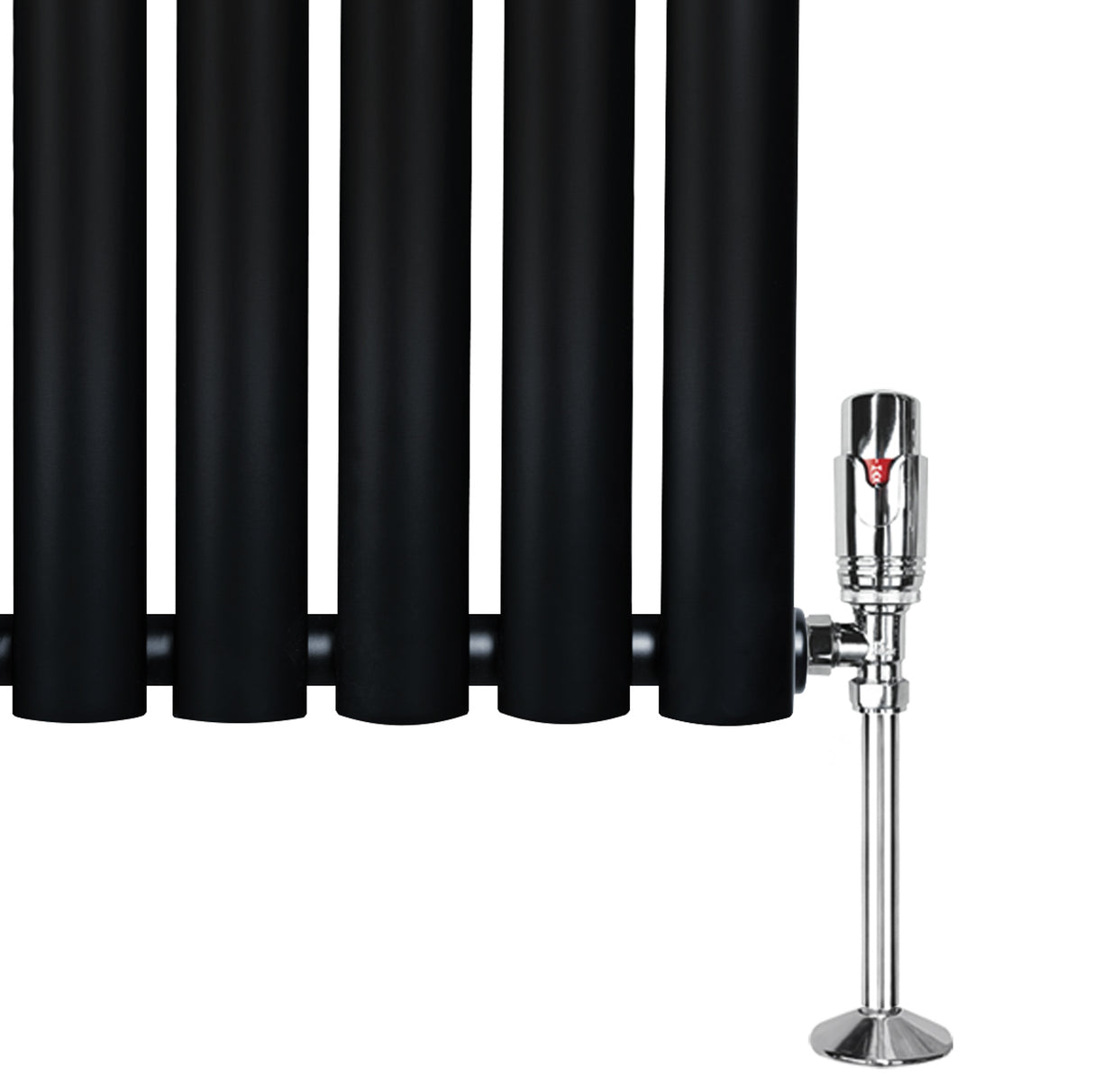 Ovale zwarte designradiator met één kolom, 600 mm x 1440 mm, inclusief glanzende haakse thermostaatkraan