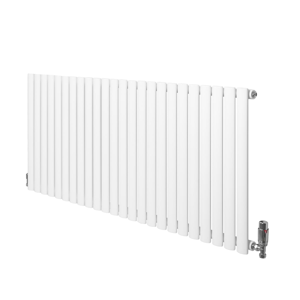 Ovale witte design radiator van 600 mm x 1440 mm met een haakse thermostaatkraan en strakke, moderne lijnen