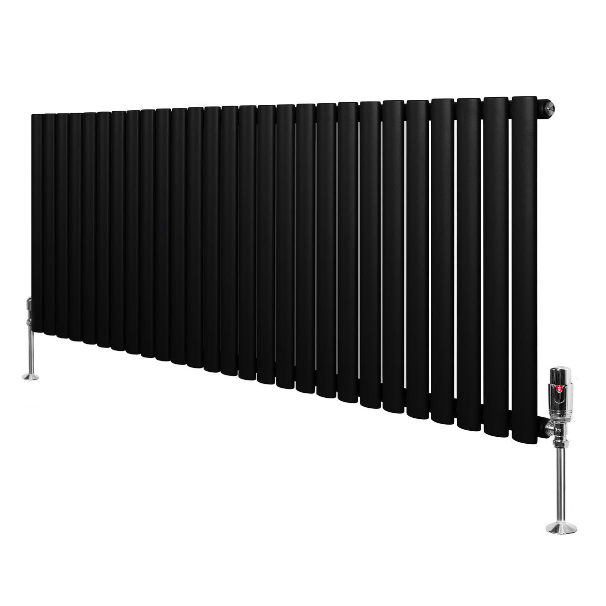 Ovale zwarte designradiator met één kolom, 600 mm x 1620 mm, inclusief haakse thermostaatkraan en moderne afwerking