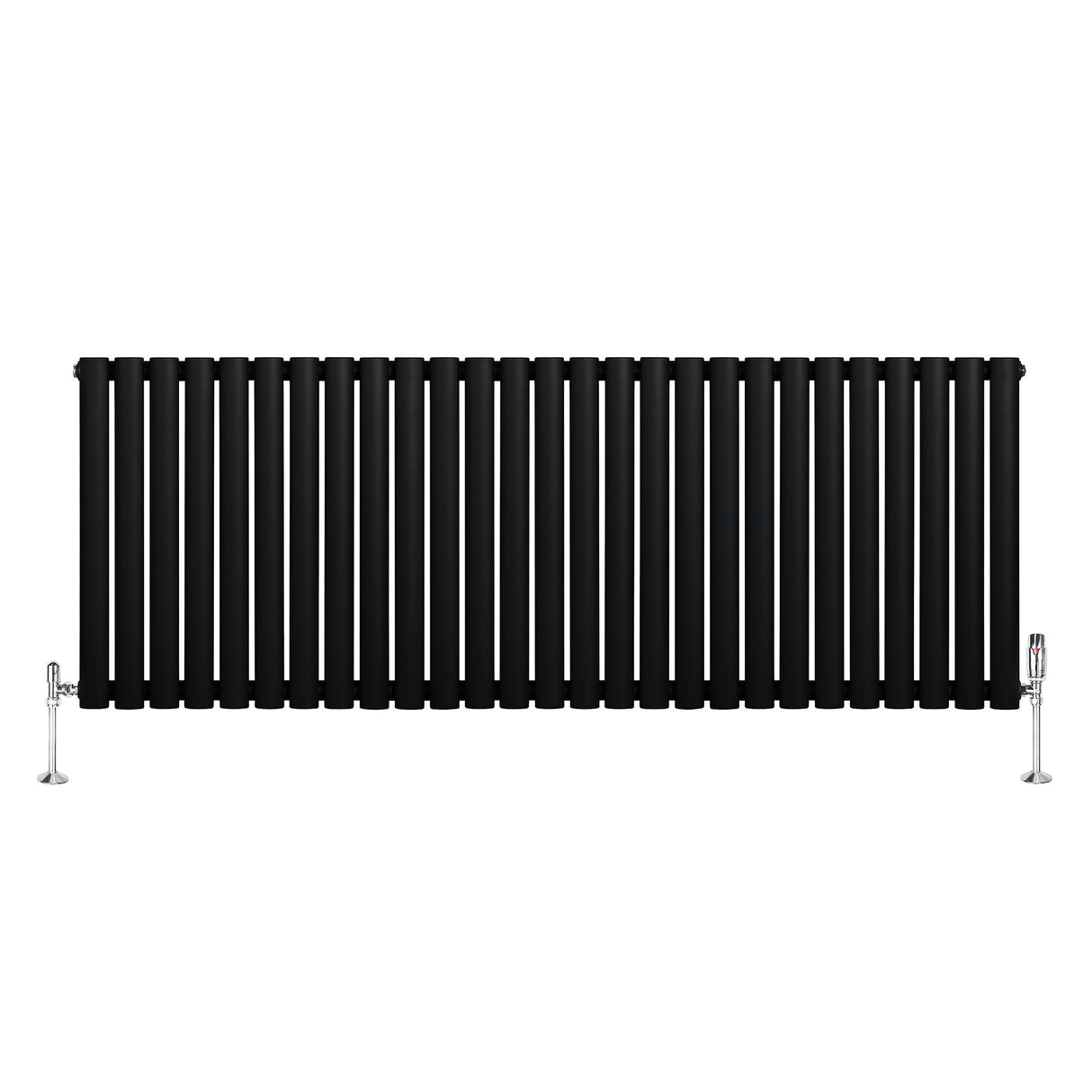 Ovale zwarte designradiator met één kolom, 600 mm hoog en 1620 mm breed, inclusief haakse thermostaatkraan aan de zijkant