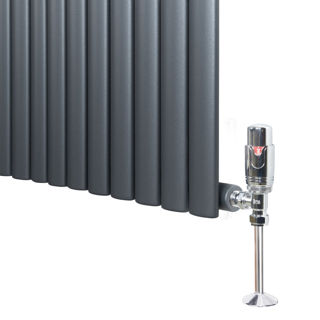 Ovale design radiator in antraciet grijs met een kolom, inclusief haakse thermostaatkraan voor moderne interieurs